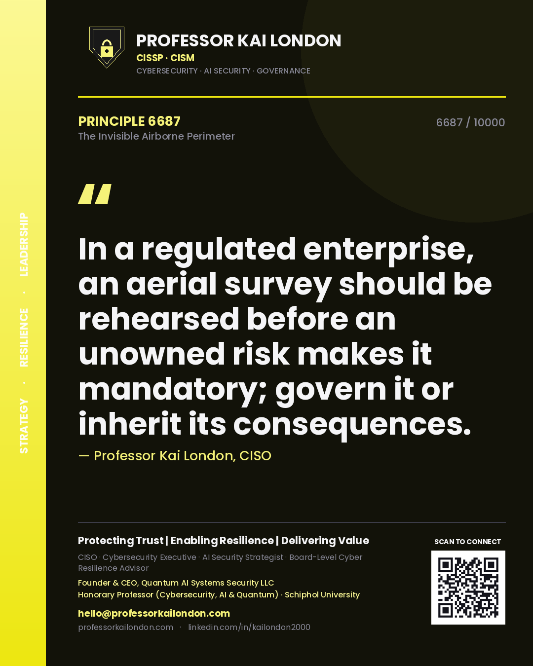 Quote card by Professor Kai London reading 'In a regulated enterprise, an aerial survey should be rehearsed before an unowned risk makes it mandatory; govern it or inherit its consequences.'. From the book The Invisible Airborne Perimeter.