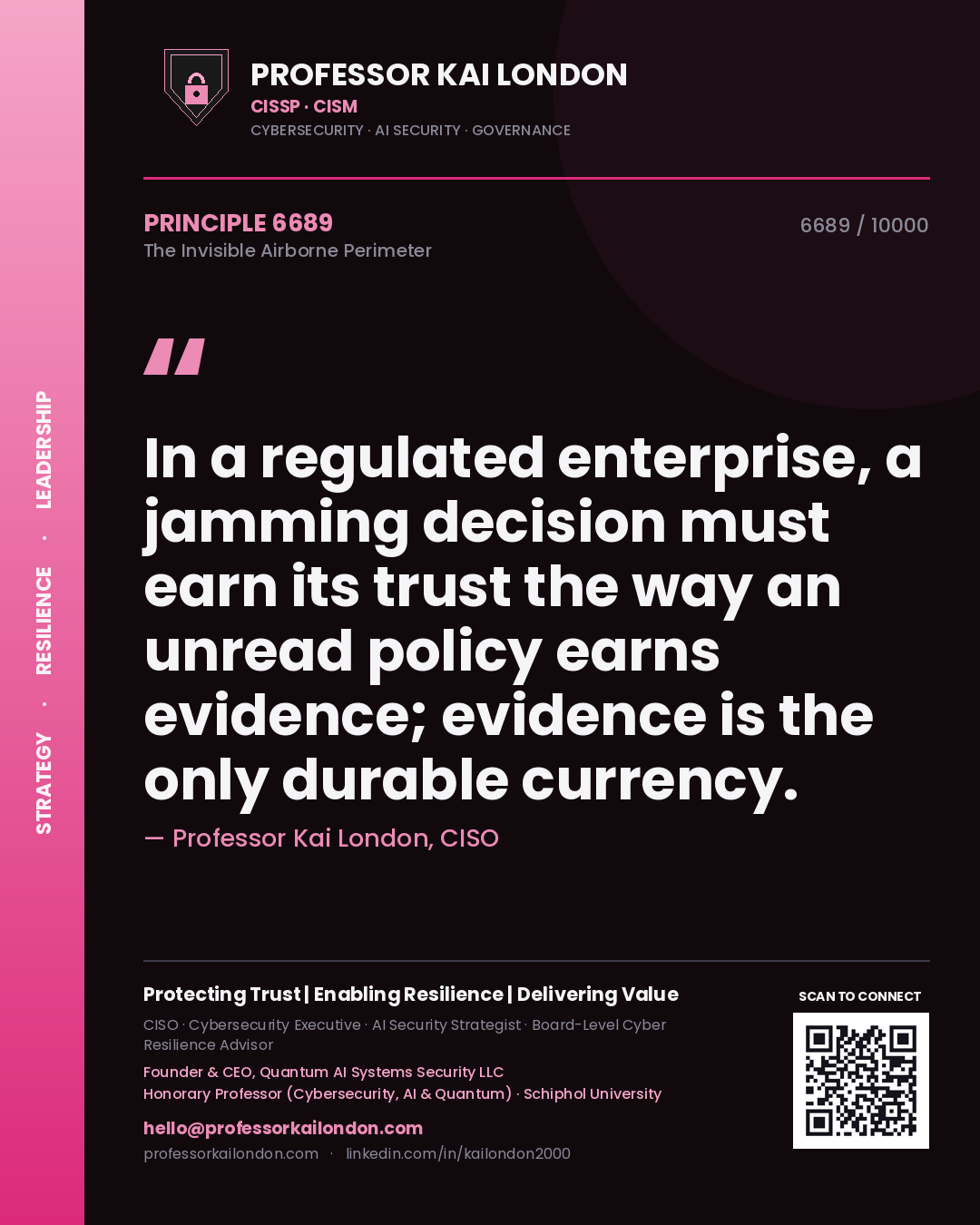 Quote card by Professor Kai London reading 'In a regulated enterprise, a jamming decision must earn its trust the way an unread policy earns evidence; evidence is the only durable currency.'. From the book The Invisible Airborne Perimeter.