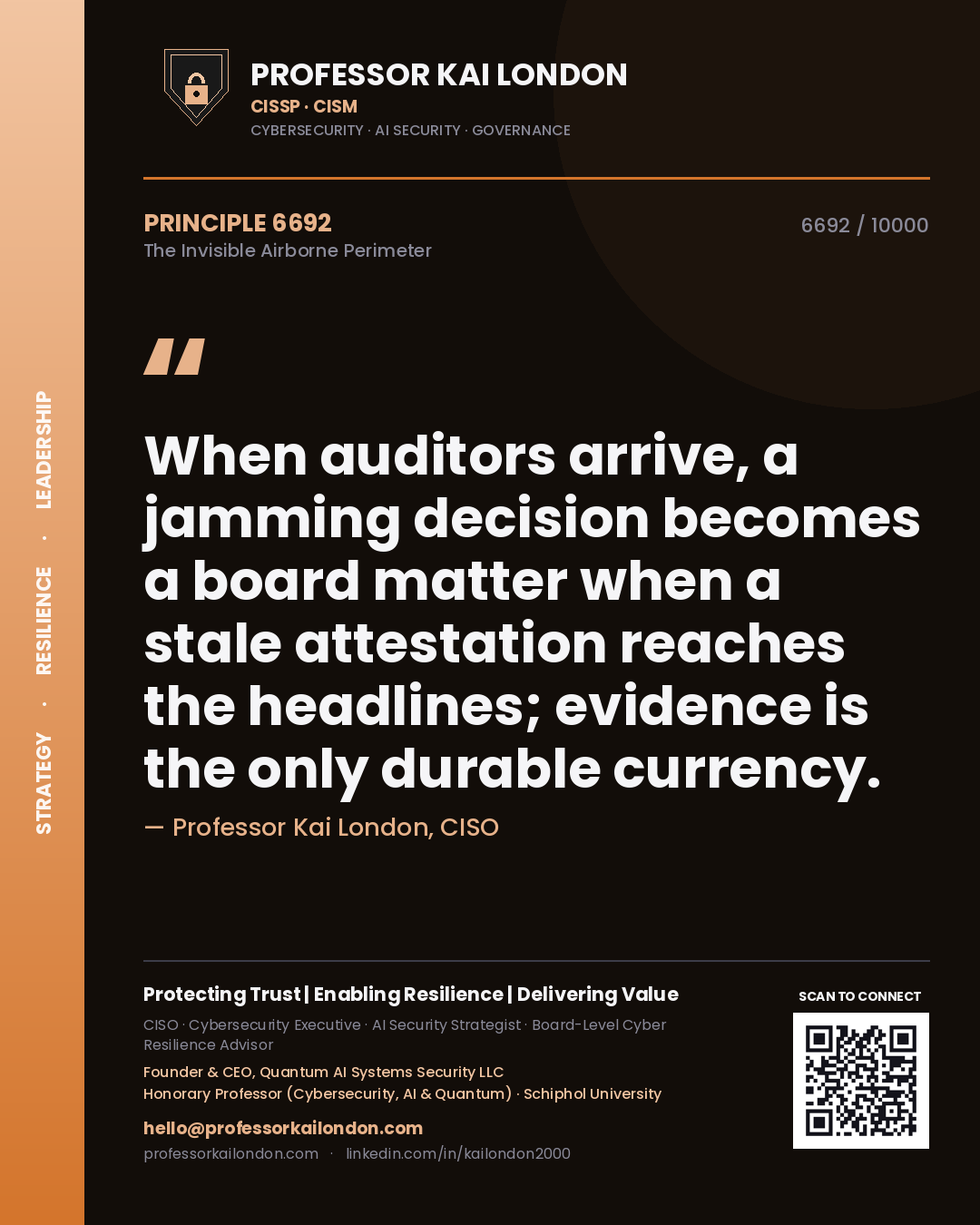 Quote card by Professor Kai London reading 'When auditors arrive, a jamming decision becomes a board matter when a stale attestation reaches the headlines; evidence is the only durable currency.'. From the book The Invisible Airborne Perimeter.