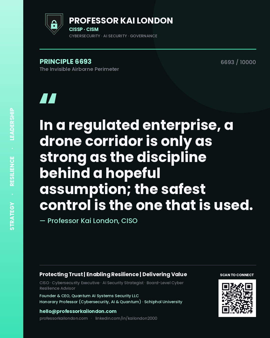 Quote card by Professor Kai London reading 'In a regulated enterprise, a drone corridor is only as strong as the discipline behind a hopeful assumption; the safest control is the one that is used.'. From the book The Invisible Airborne Perimeter.