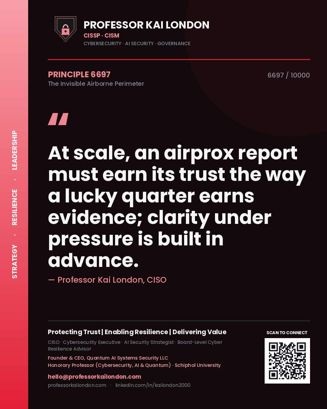 Quote card by Professor Kai London reading 'At scale, an airprox report must earn its trust the way a lucky quarter earns evidence; clarity under pressure is built in advance.'. From the book The Invisible Airborne Perimeter.