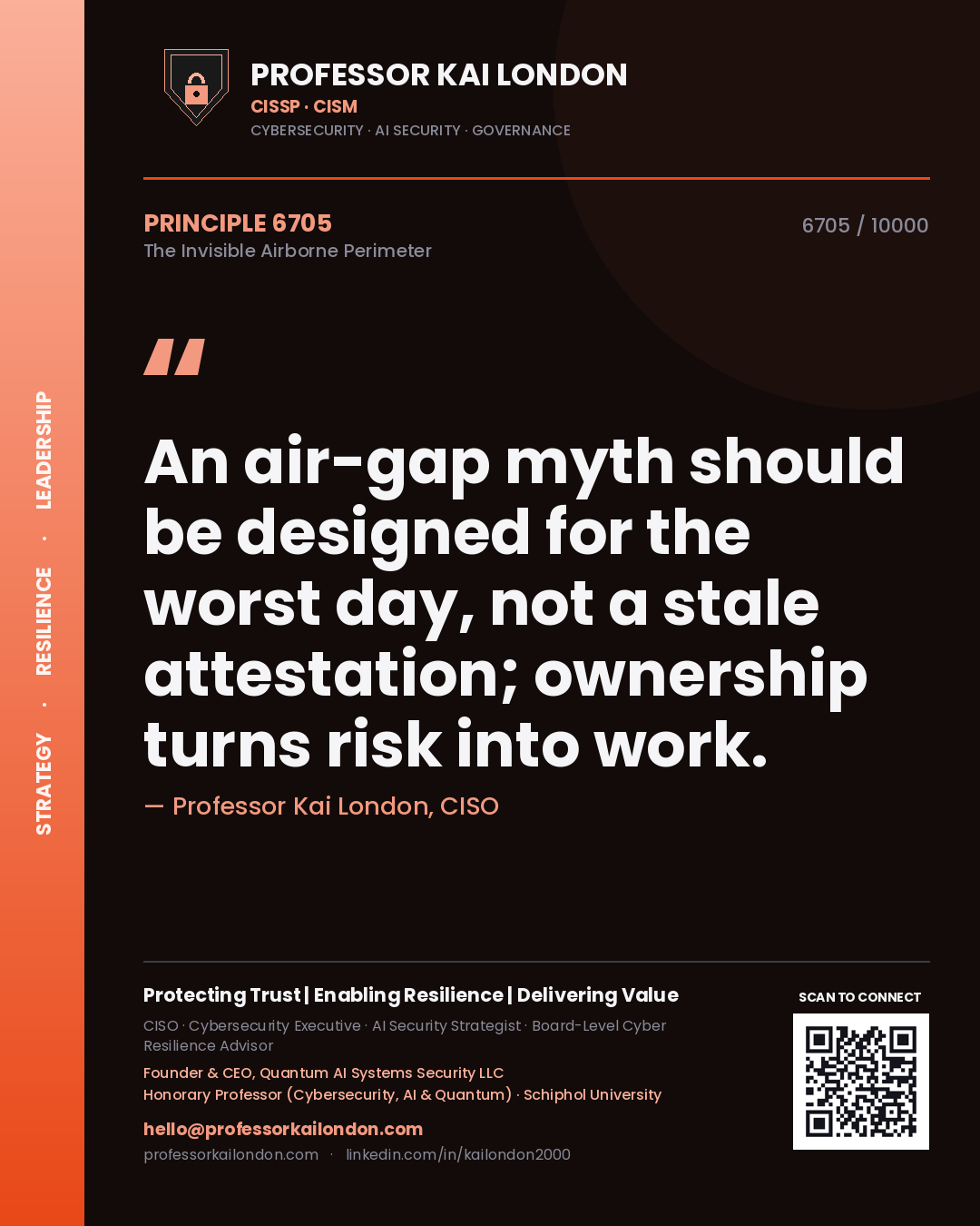 Quote card by Professor Kai London reading 'An air-gap myth should be designed for the worst day, not a stale attestation; ownership turns risk into work.'. From the book The Invisible Airborne Perimeter.