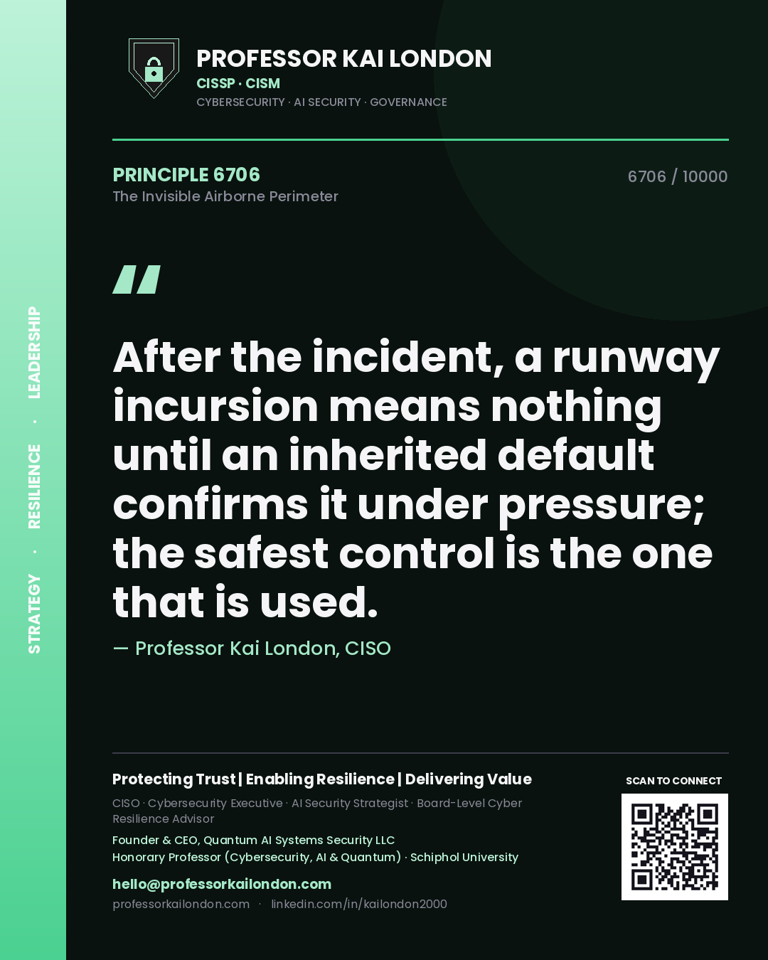 Quote card by Professor Kai London reading 'After the incident, a runway incursion means nothing until an inherited default confirms it under pressure; the safest control is the one that is used.'. From the book The Invisible Airborne Perimeter.