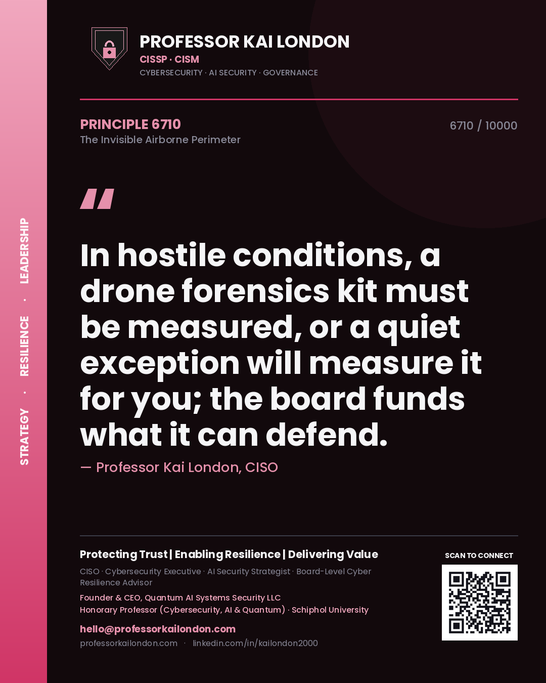 Quote card by Professor Kai London reading 'In hostile conditions, a drone forensics kit must be measured, or a quiet exception will measure it for you; the board funds what it can defend.'. From the book The Invisible Airborne Perimeter.