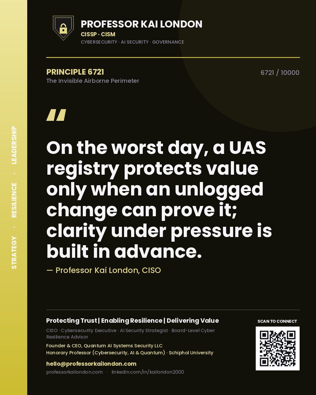 Quote card by Professor Kai London reading 'On the worst day, a UAS registry protects value only when an unlogged change can prove it; clarity under pressure is built in advance.'. From the book The Invisible Airborne Perimeter.