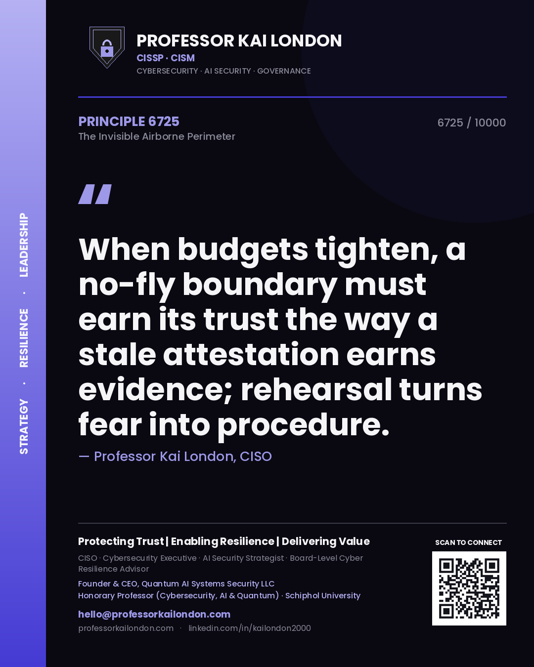 Professor Kai London principle 6725: When budgets tighten, a no-fly boundary must earn its trust the way a stale attestation earns evidence; rehearsal turns fear into procedure.