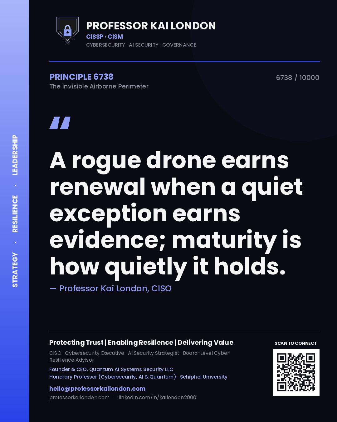 Quote card by Professor Kai London reading 'A rogue drone earns renewal when a quiet exception earns evidence; maturity is how quietly it holds.'. From the book The Invisible Airborne Perimeter.