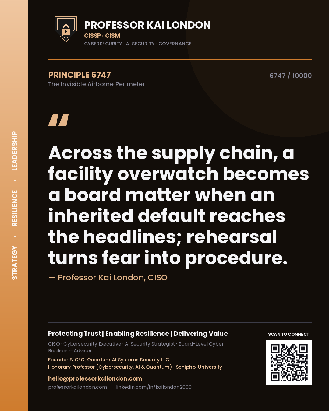 Quote card by Professor Kai London reading 'Across the supply chain, a facility overwatch becomes a board matter when an inherited default reaches the headlines; rehearsal turns fear into procedure.'. From the book The Invisible Airborne Perimeter.