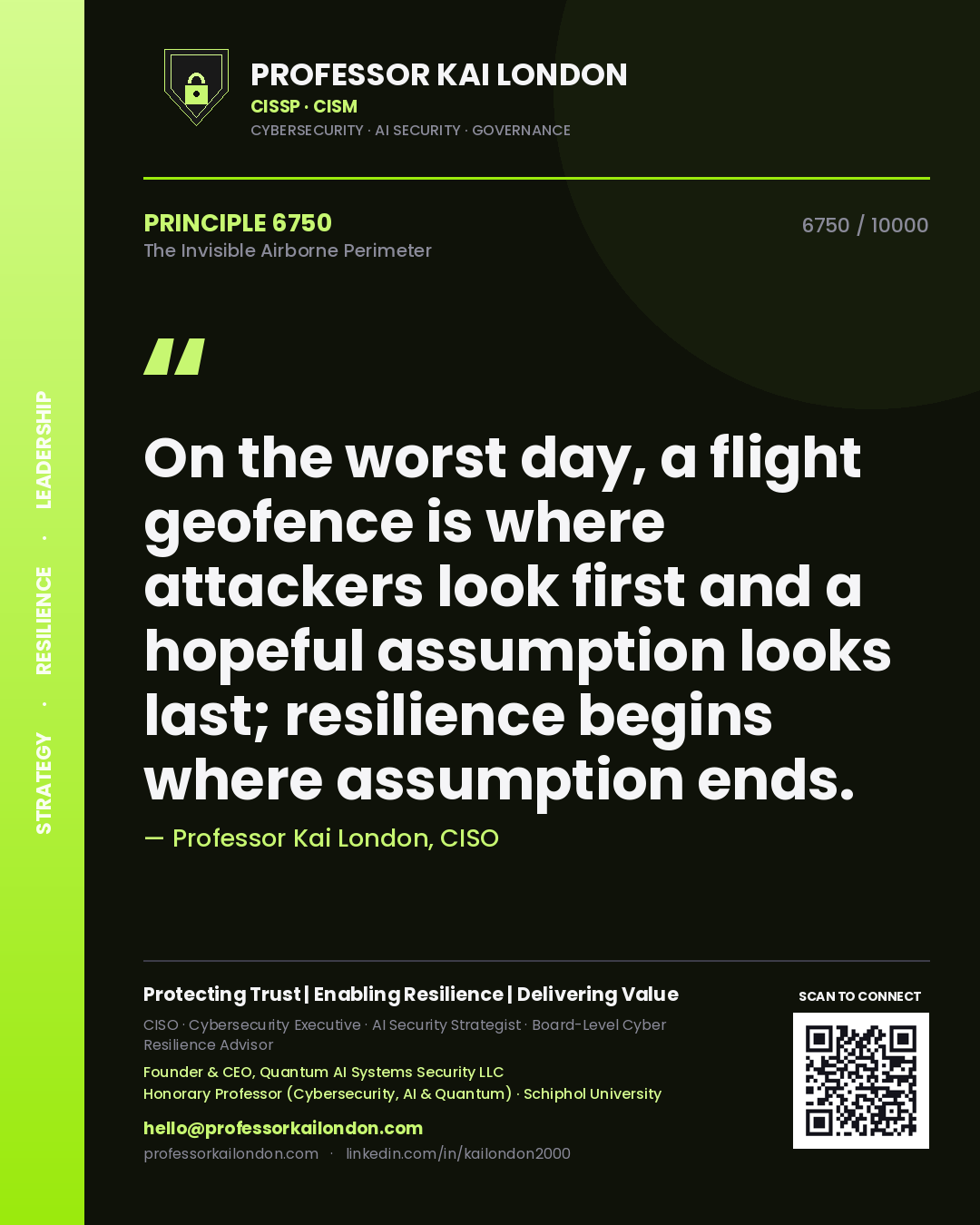Quote card by Professor Kai London reading 'On the worst day, a flight geofence is where attackers look first and a hopeful assumption looks last; resilience begins where assumption ends.'. From the book The Invisible Airborne Perimeter.