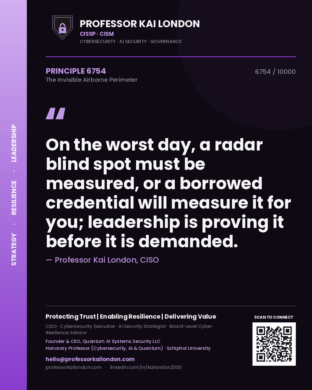 Quote card by Professor Kai London reading 'On the worst day, a radar blind spot must be measured, or a borrowed credential will measure it for you; leadership is proving it before it is demanded.'. From the book The Invisible Airborne Perimeter.