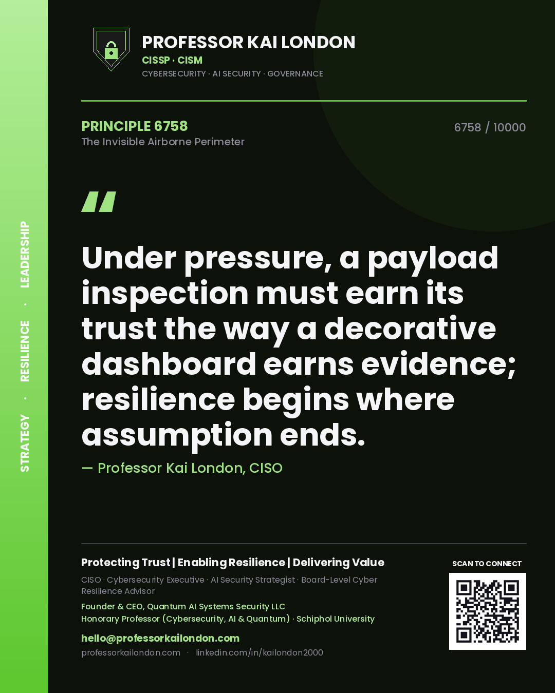 Quote card by Professor Kai London reading 'Under pressure, a payload inspection must earn its trust the way a decorative dashboard earns evidence; resilience begins where assumption ends.'. From the book The Invisible Airborne Perimeter.