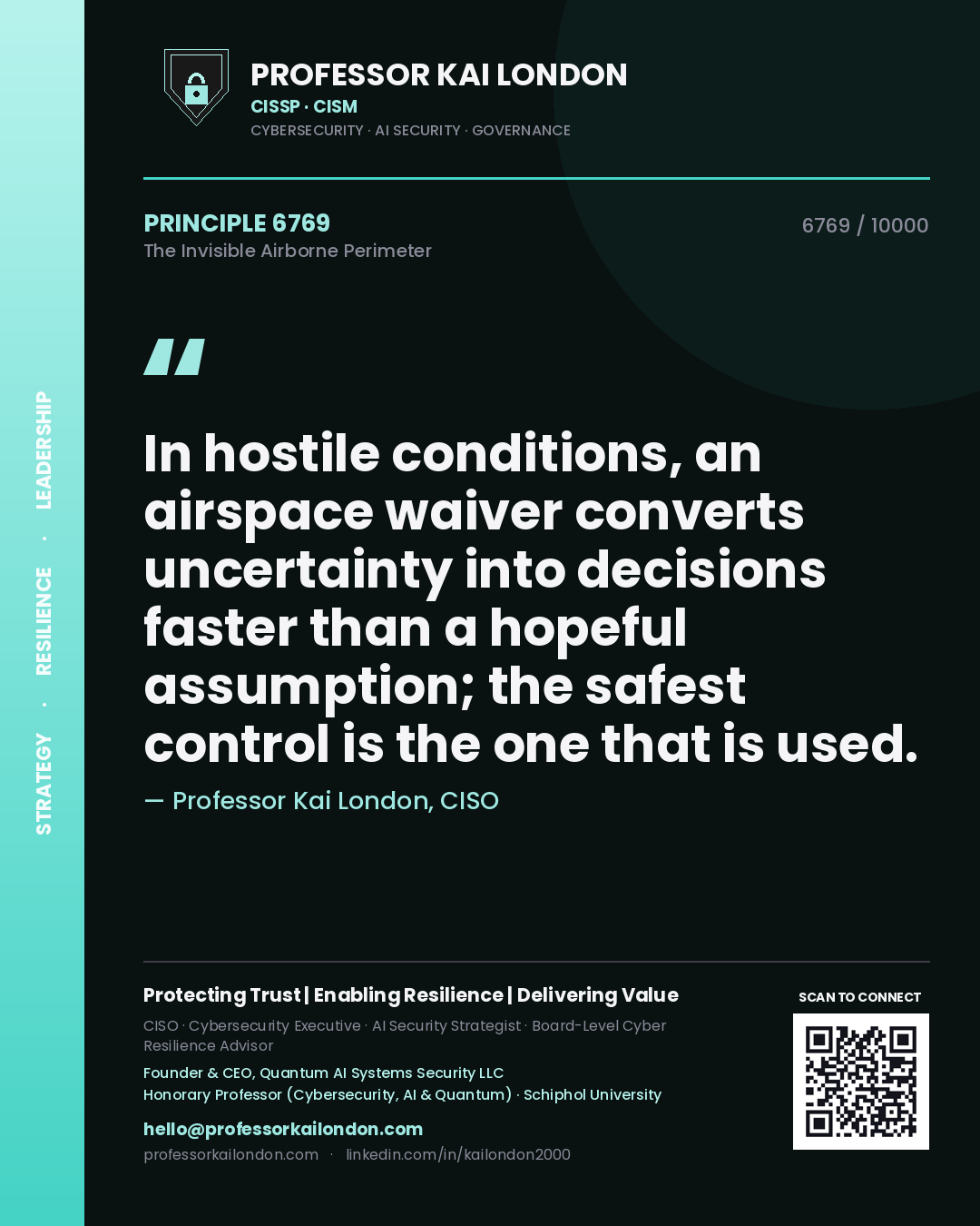 Quote card by Professor Kai London reading 'In hostile conditions, an airspace waiver converts uncertainty into decisions faster than a hopeful assumption; the safest control is the one that is used.'. From the book The Invisible Airborne Perimeter.