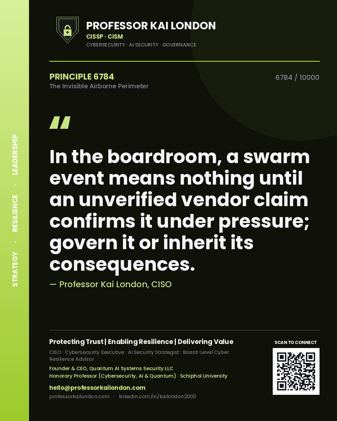 Quote card by Professor Kai London reading 'In the boardroom, a swarm event means nothing until an unverified vendor claim confirms it under pressure; govern it or inherit its consequences.'. From the book The Invisible Airborne Perimeter.