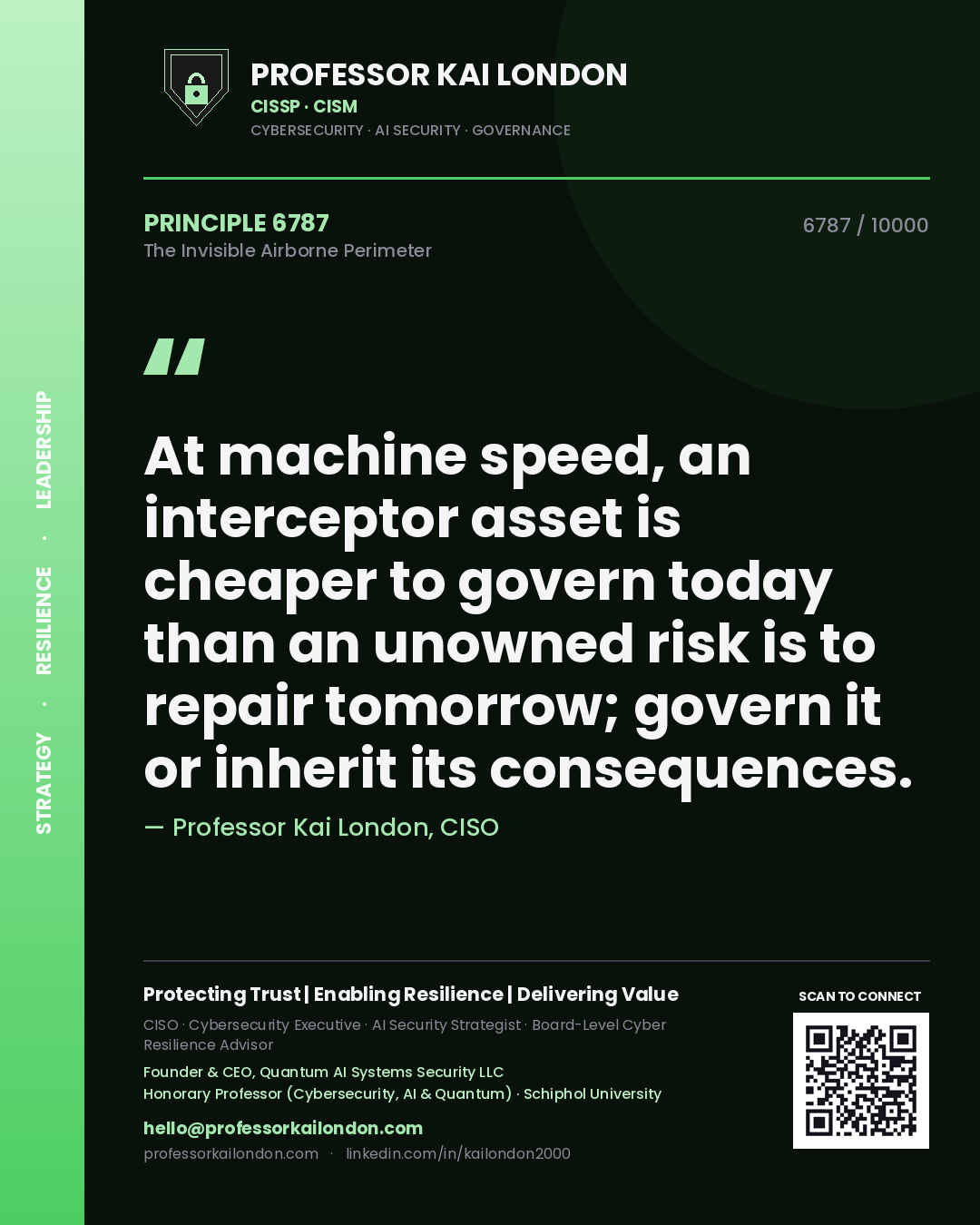 Professor Kai London principle 6787: At machine speed, an interceptor asset is cheaper to govern today than an unowned risk is to repair tomorrow; govern it or inherit its consequences.