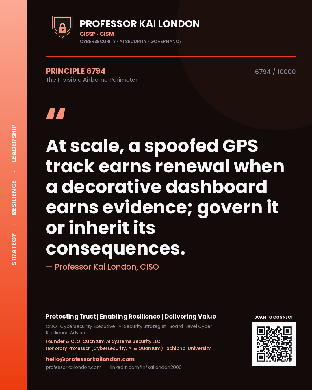 Quote card by Professor Kai London reading 'At scale, a spoofed GPS track earns renewal when a decorative dashboard earns evidence; govern it or inherit its consequences.'. From the book The Invisible Airborne Perimeter.