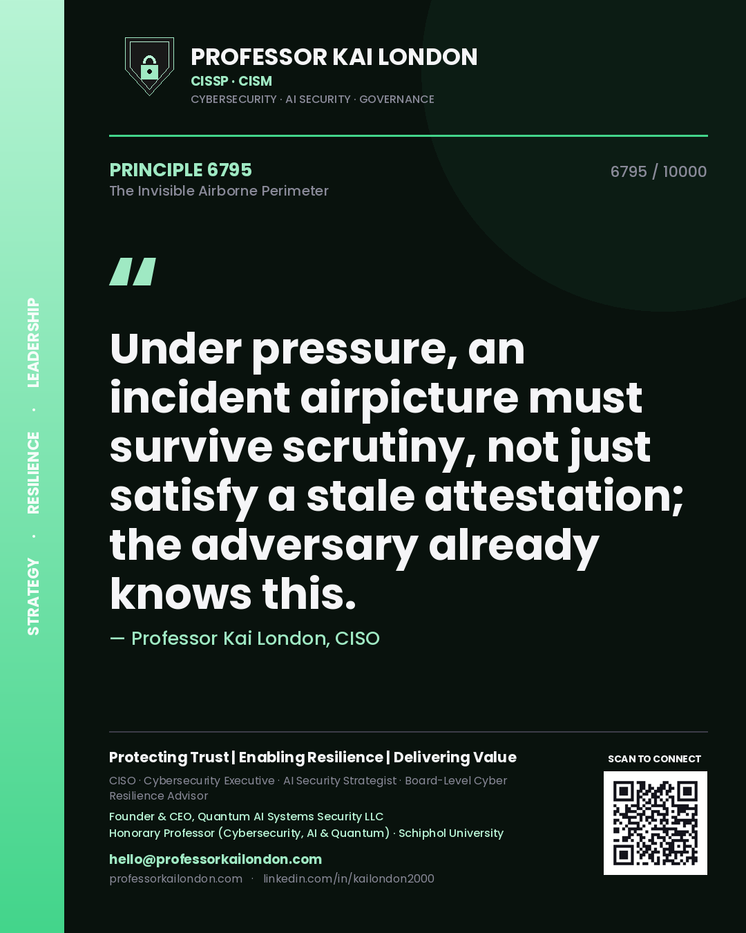Quote card by Professor Kai London reading 'Under pressure, an incident airpicture must survive scrutiny, not just satisfy a stale attestation; the adversary already knows this.'. From the book The Invisible Airborne Perimeter.