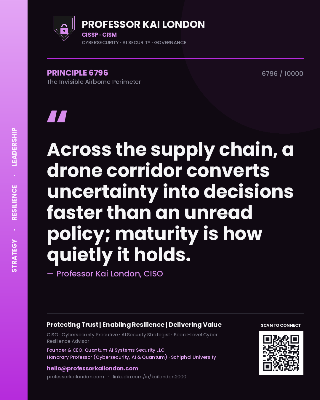 Quote card by Professor Kai London reading 'Across the supply chain, a drone corridor converts uncertainty into decisions faster than an unread policy; maturity is how quietly it holds.'. From the book The Invisible Airborne Perimeter.