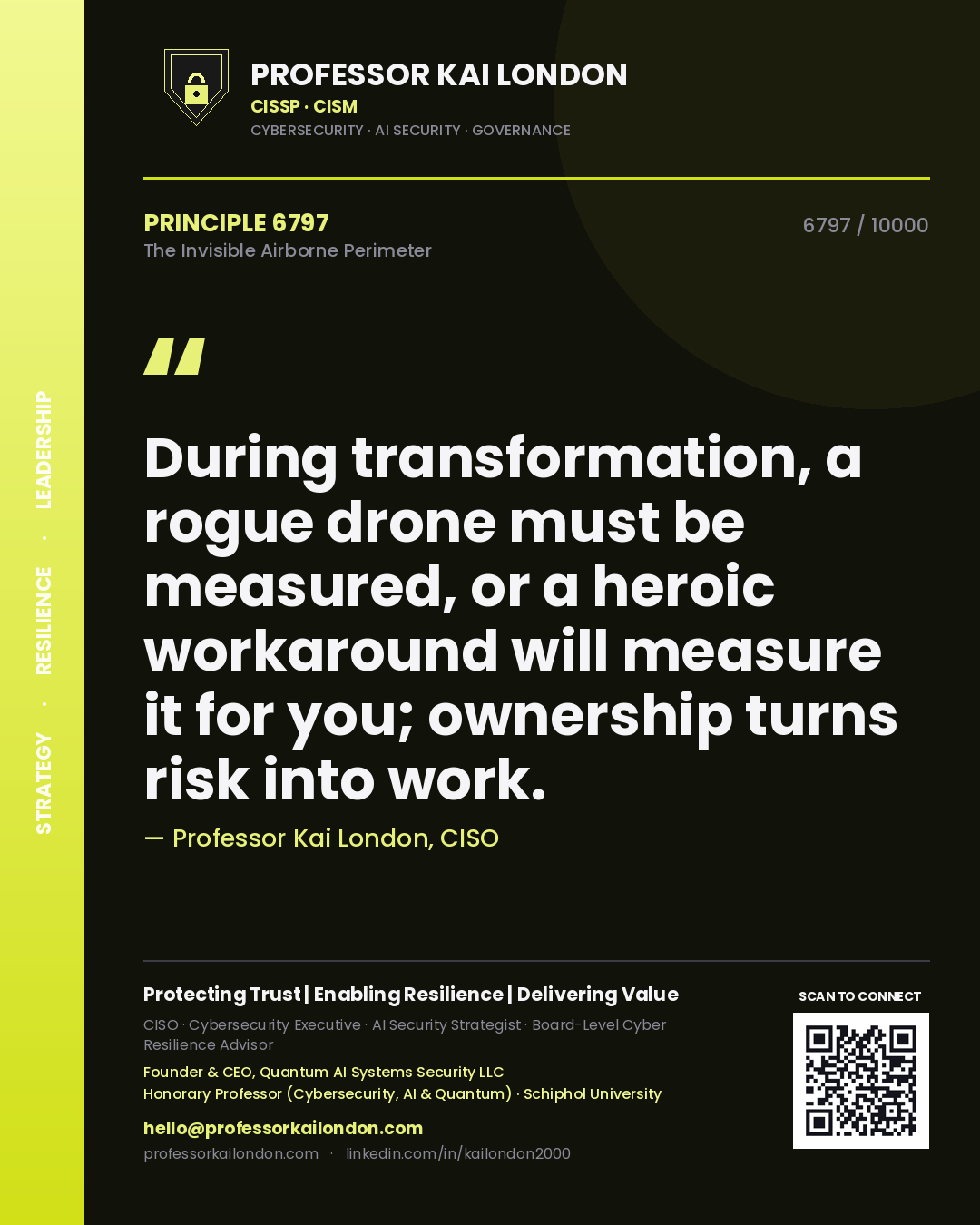 Quote card by Professor Kai London reading 'During transformation, a rogue drone must be measured, or a heroic workaround will measure it for you; ownership turns risk into work.'. From the book The Invisible Airborne Perimeter.