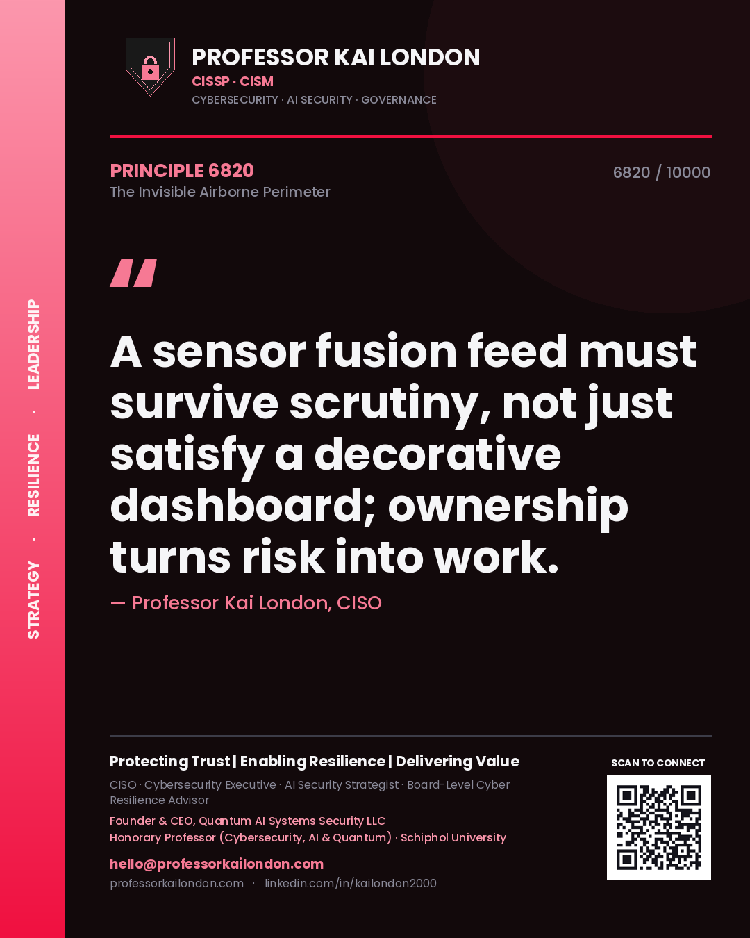 Quote card by Professor Kai London reading 'A sensor fusion feed must survive scrutiny, not just satisfy a decorative dashboard; ownership turns risk into work.'. From the book The Invisible Airborne Perimeter.