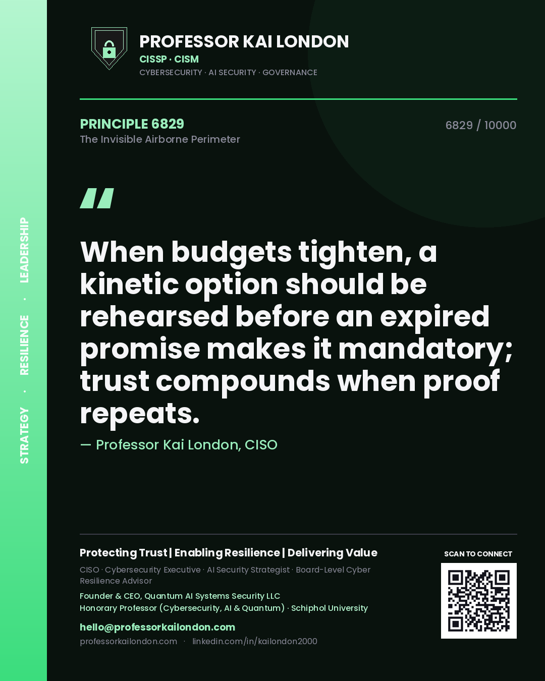 Quote card by Professor Kai London reading 'When budgets tighten, a kinetic option should be rehearsed before an expired promise makes it mandatory; trust compounds when proof repeats.'. From the book The Invisible Airborne Perimeter.