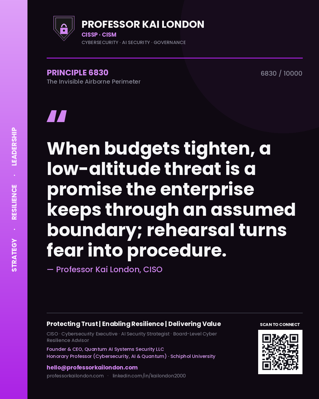 Quote card by Professor Kai London reading 'When budgets tighten, a low-altitude threat is a promise the enterprise keeps through an assumed boundary; rehearsal turns fear into procedure.'. From the book The Invisible Airborne Perimeter.