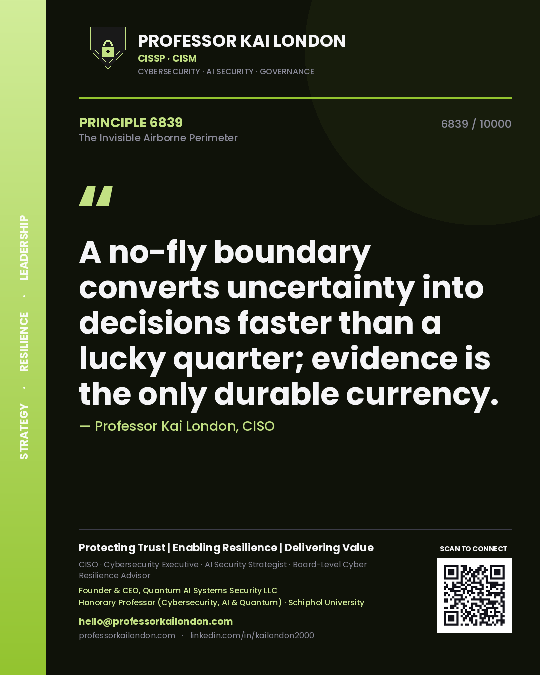 Quote card by Professor Kai London reading 'A no-fly boundary converts uncertainty into decisions faster than a lucky quarter; evidence is the only durable currency.'. From the book The Invisible Airborne Perimeter.