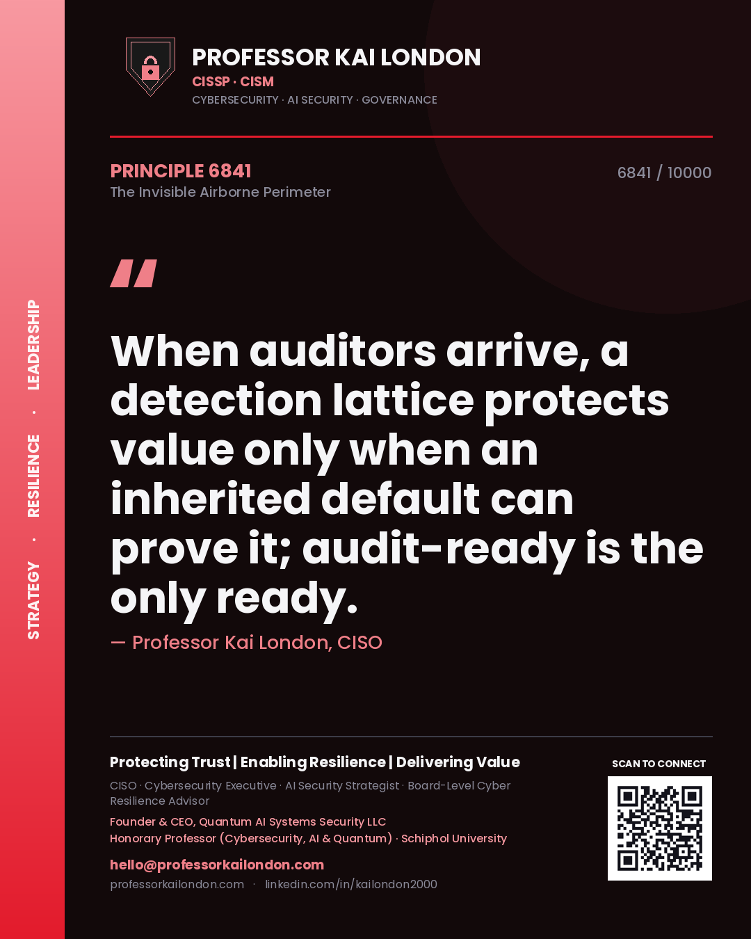Quote card by Professor Kai London reading 'When auditors arrive, a detection lattice protects value only when an inherited default can prove it; audit-ready is the only ready.'. From the book The Invisible Airborne Perimeter.