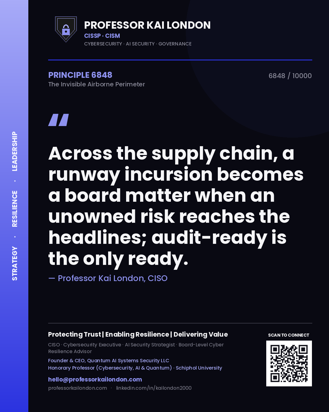 Professor Kai London principle 6848: Across the supply chain, a runway incursion becomes a board matter when an unowned risk reaches the headlines; audit-ready is the only ready.