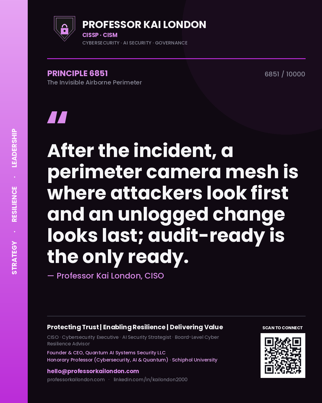 Professor Kai London principle 6851: After the incident, a perimeter camera mesh is where attackers look first and an unlogged change looks last; audit-ready is the only ready.