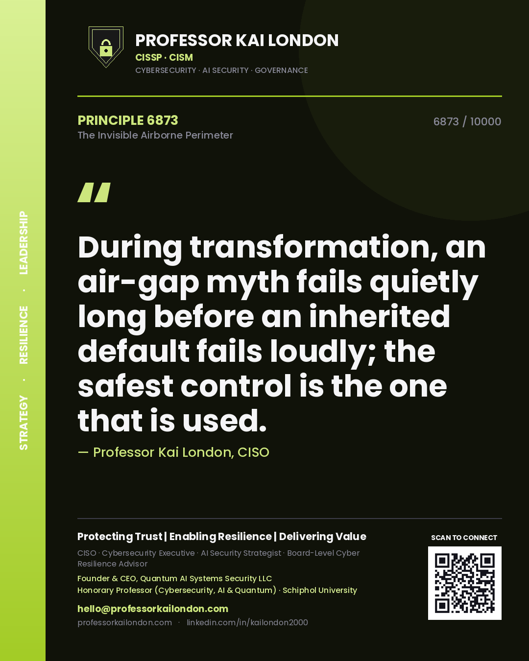 Quote card by Professor Kai London reading 'During transformation, an air-gap myth fails quietly long before an inherited default fails loudly; the safest control is the one that is used.'. From the book The Invisible Airborne Perimeter.