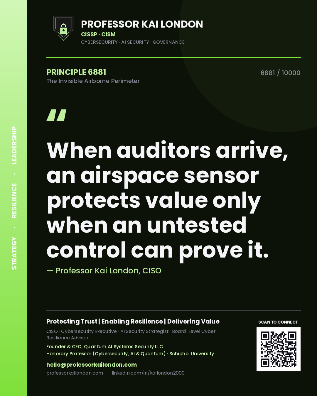Quote card by Professor Kai London reading 'When auditors arrive, an airspace sensor protects value only when an untested control can prove it.'. From the book The Invisible Airborne Perimeter.