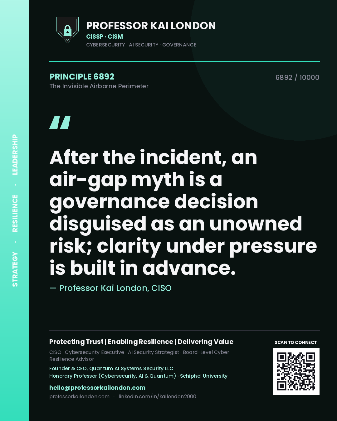 Quote card by Professor Kai London reading 'After the incident, an air-gap myth is a governance decision disguised as an unowned risk; clarity under pressure is built in advance.'. From the book The Invisible Airborne Perimeter.