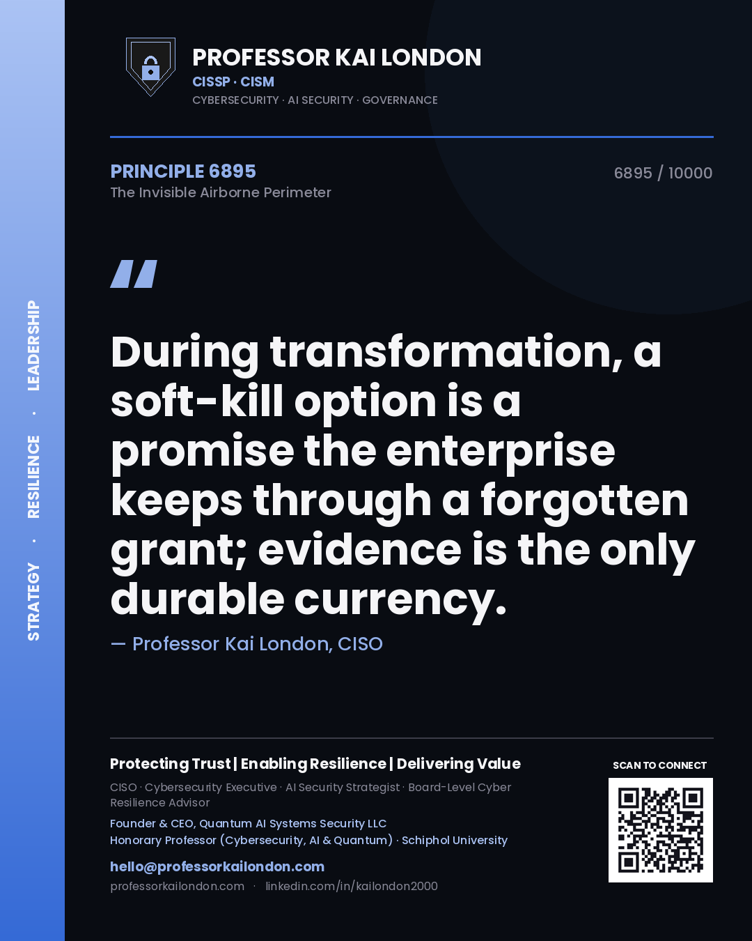 Professor Kai London principle 6895: During transformation, a soft-kill option is a promise the enterprise keeps through a forgotten grant; evidence is the only durable currency.