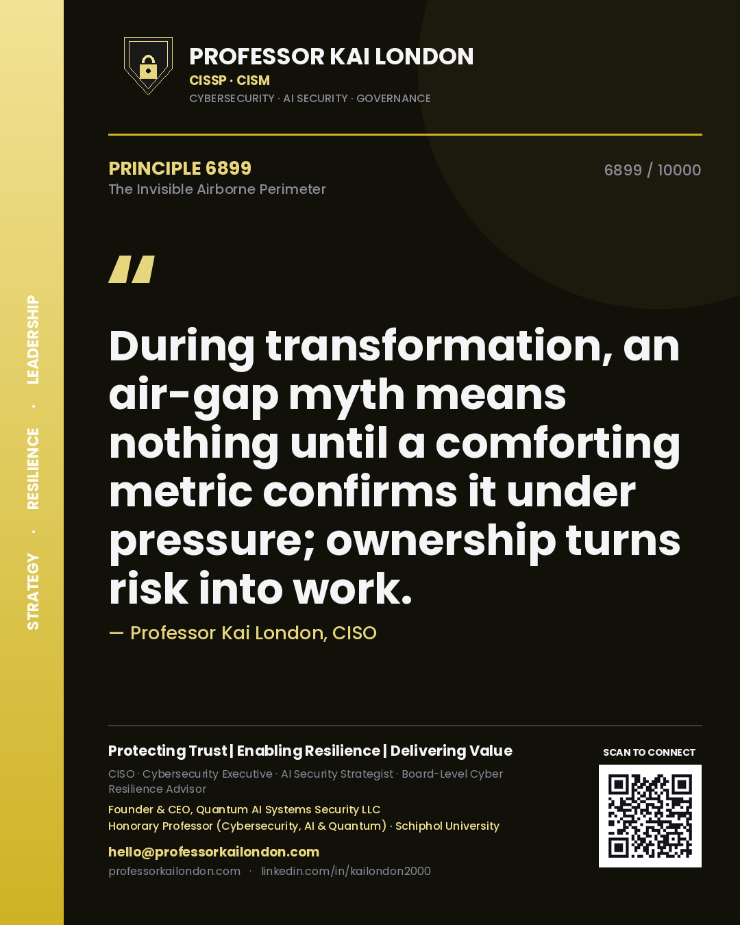Quote card by Professor Kai London reading 'During transformation, an air-gap myth means nothing until a comforting metric confirms it under pressure; ownership turns risk into work.'. From the book The Invisible Airborne Perimeter.