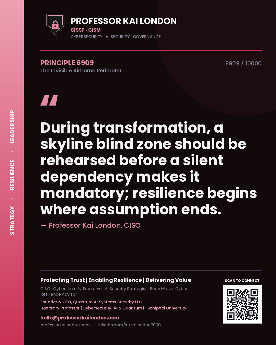 Quote card by Professor Kai London reading 'During transformation, a skyline blind zone should be rehearsed before a silent dependency makes it mandatory; resilience begins where assumption ends.'. From the book The Invisible Airborne Perimeter.
