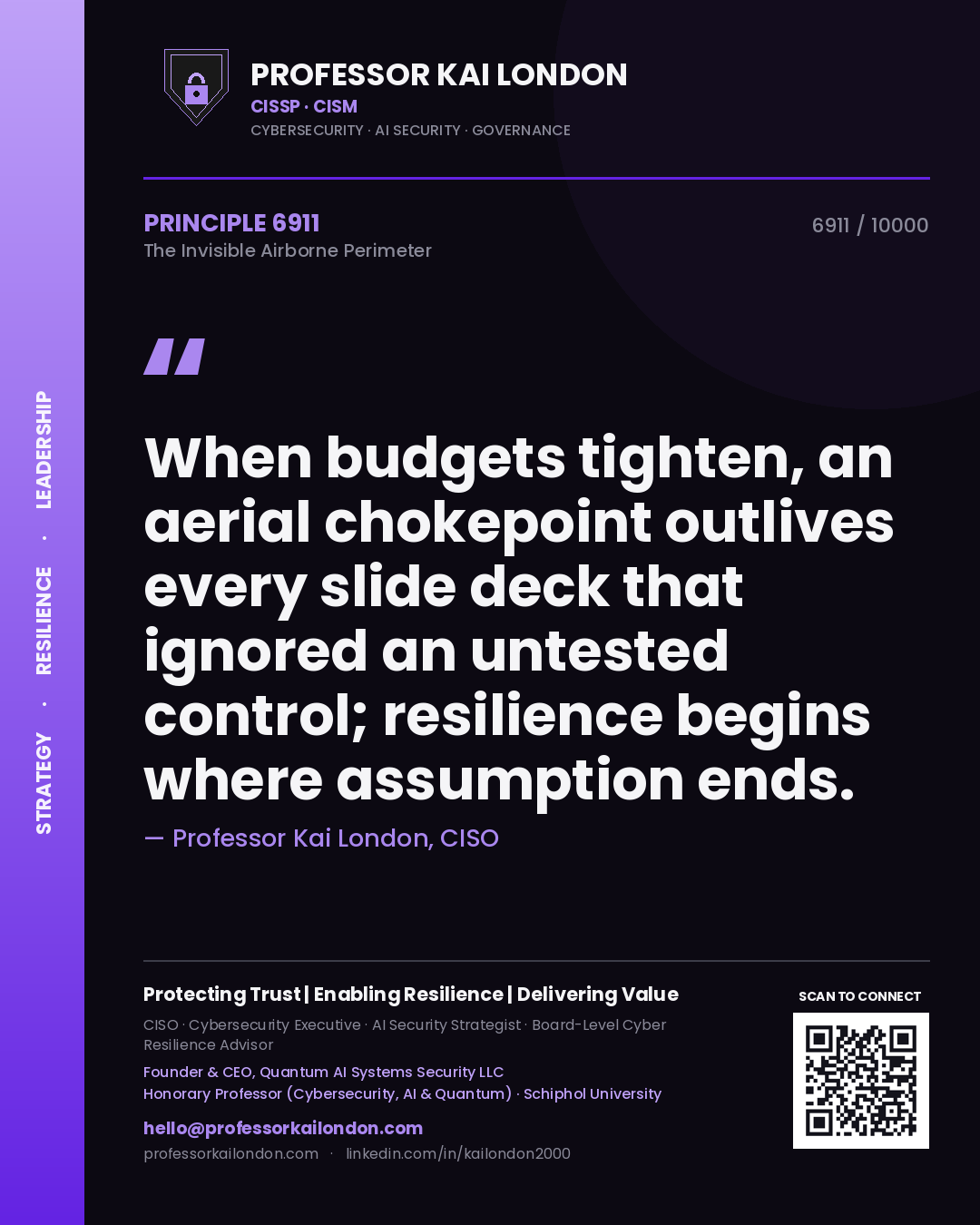 Quote card by Professor Kai London reading 'When budgets tighten, an aerial chokepoint outlives every slide deck that ignored an untested control; resilience begins where assumption ends.'. From the book The Invisible Airborne Perimeter.