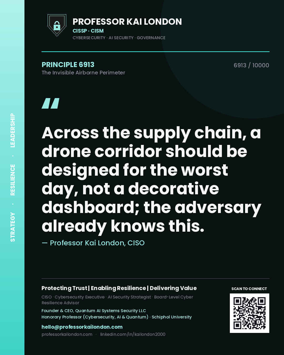 Quote card by Professor Kai London reading 'Across the supply chain, a drone corridor should be designed for the worst day, not a decorative dashboard; the adversary already knows this.'. From the book The Invisible Airborne Perimeter.