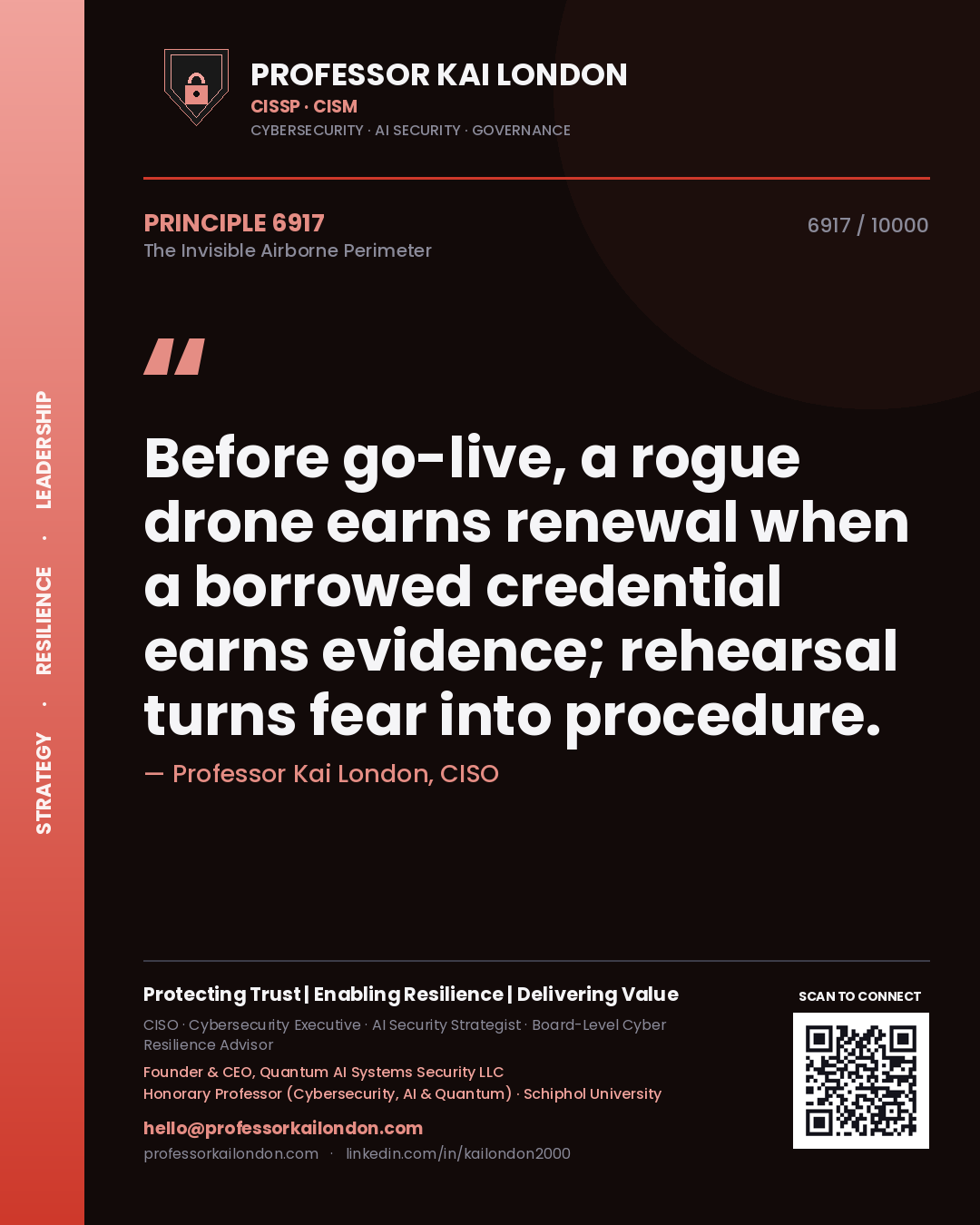 Quote card by Professor Kai London reading 'Before go-live, a rogue drone earns renewal when a borrowed credential earns evidence; rehearsal turns fear into procedure.'. From the book The Invisible Airborne Perimeter.