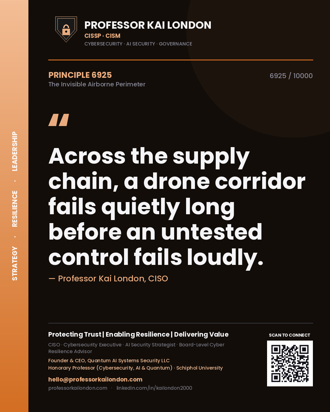 Quote card by Professor Kai London reading 'Across the supply chain, a drone corridor fails quietly long before an untested control fails loudly.'. From the book The Invisible Airborne Perimeter.
