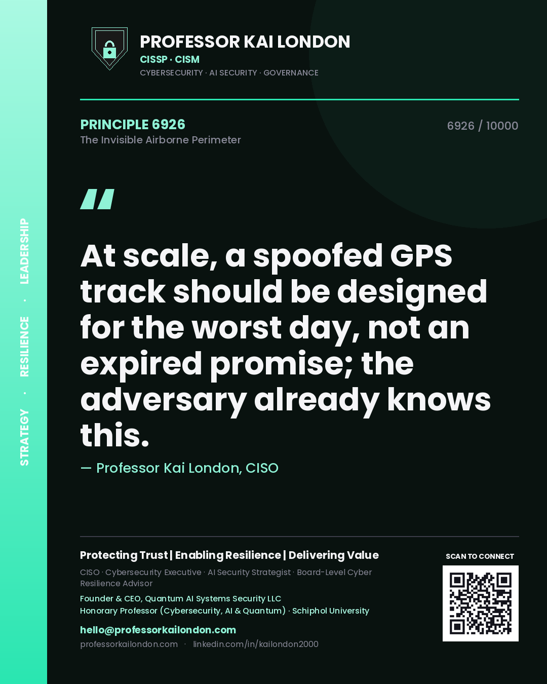 Quote card by Professor Kai London reading 'At scale, a spoofed GPS track should be designed for the worst day, not an expired promise; the adversary already knows this.'. From the book The Invisible Airborne Perimeter.