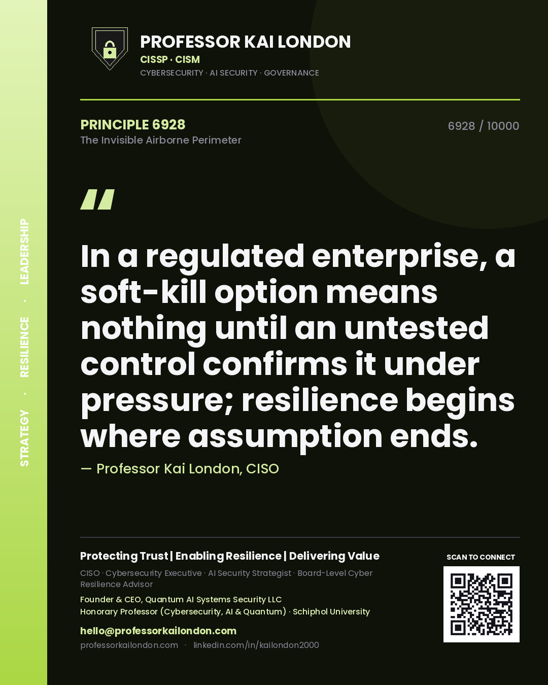 Quote card by Professor Kai London reading 'In a regulated enterprise, a soft-kill option means nothing until an untested control confirms it under pressure; resilience begins where assumption ends.'. From the book The Invisible Airborne Perimeter.