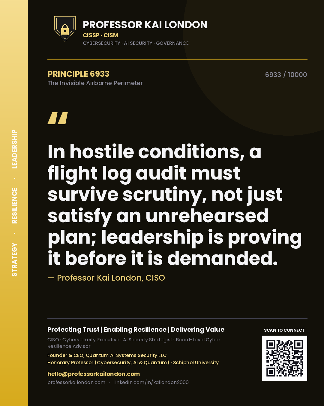 Professor Kai London principle 6933: In hostile conditions, a flight log audit must survive scrutiny, not just satisfy an unrehearsed plan; leadership is proving it before it is demanded.