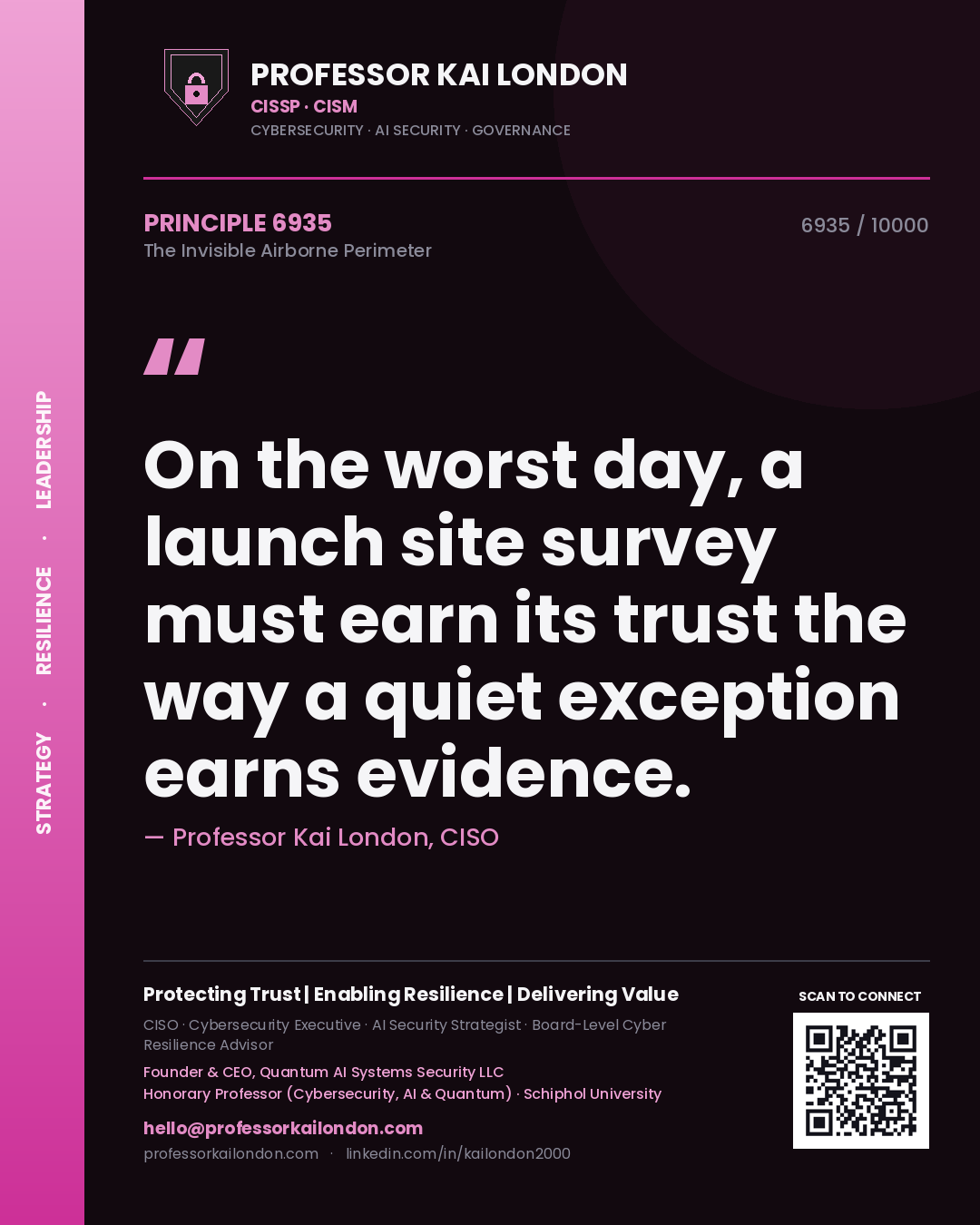 Quote card by Professor Kai London reading 'On the worst day, a launch site survey must earn its trust the way a quiet exception earns evidence.'. From the book The Invisible Airborne Perimeter.