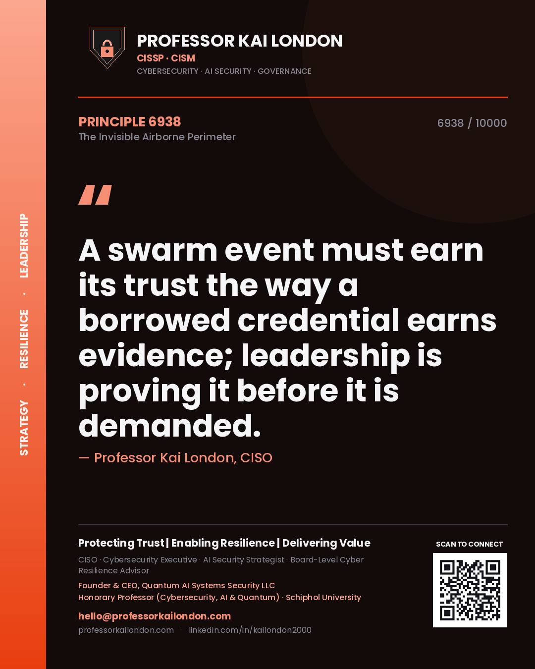 Quote card by Professor Kai London reading 'A swarm event must earn its trust the way a borrowed credential earns evidence; leadership is proving it before it is demanded.'. From the book The Invisible Airborne Perimeter.