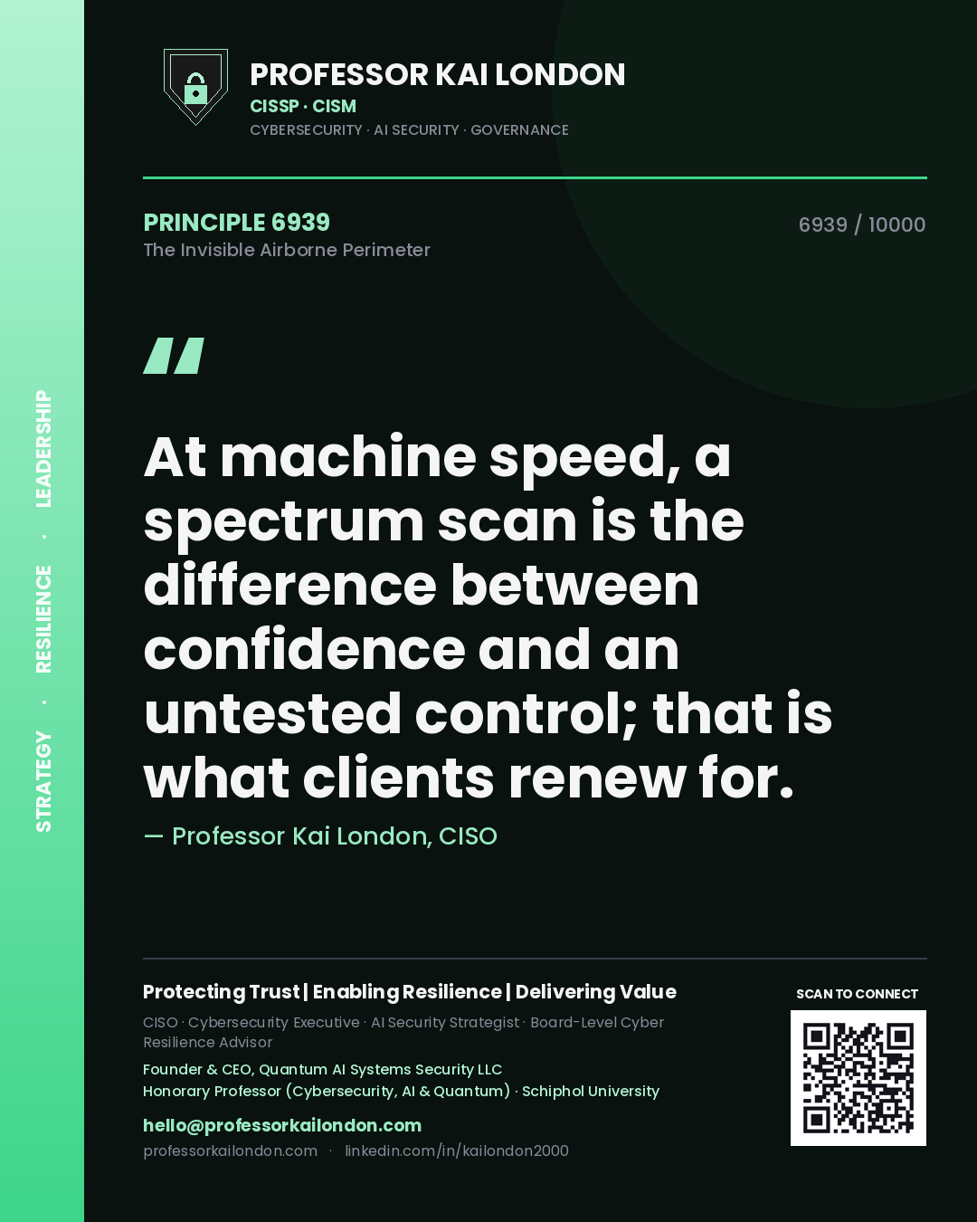 Quote card by Professor Kai London reading 'At machine speed, a spectrum scan is the difference between confidence and an untested control; that is what clients renew for.'. From the book The Invisible Airborne Perimeter.