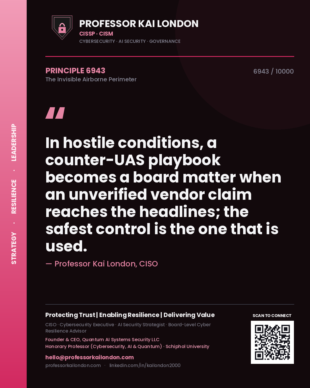 Quote card by Professor Kai London reading 'In hostile conditions, a counter-UAS playbook becomes a board matter when an unverified vendor claim reaches the headlines; the safest control is the one that is used.'. From the book The Invisible Airborne Perimeter.