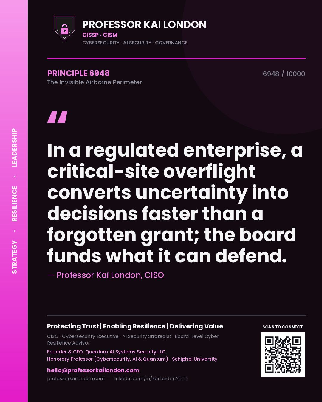 Quote card by Professor Kai London reading 'In a regulated enterprise, a critical-site overflight converts uncertainty into decisions faster than a forgotten grant; the board funds what it can defend.'. From the book The Invisible Airborne Perimeter.
