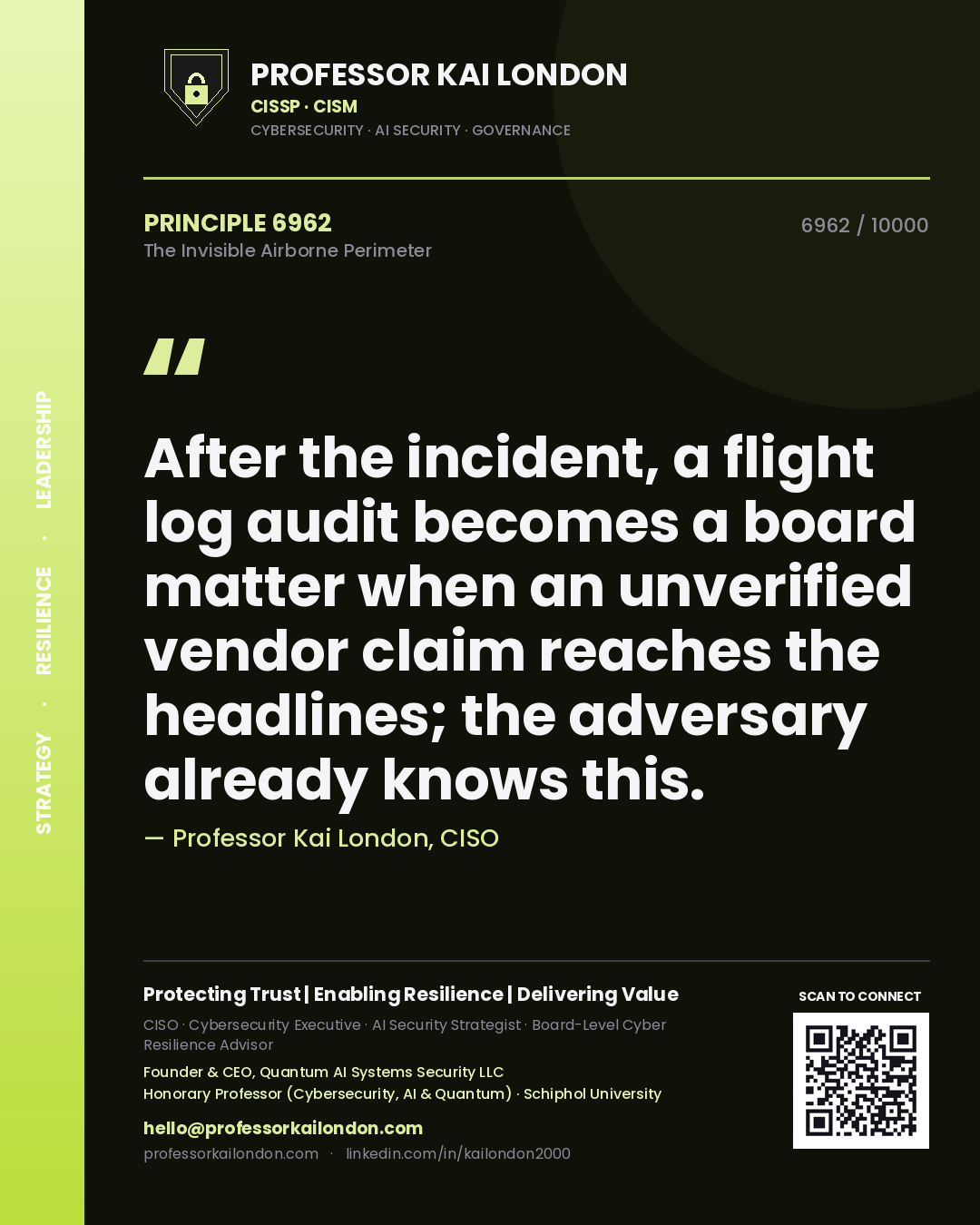 Quote card by Professor Kai London reading 'After the incident, a flight log audit becomes a board matter when an unverified vendor claim reaches the headlines; the adversary already knows this.'. From the book The Invisible Airborne Perimeter.