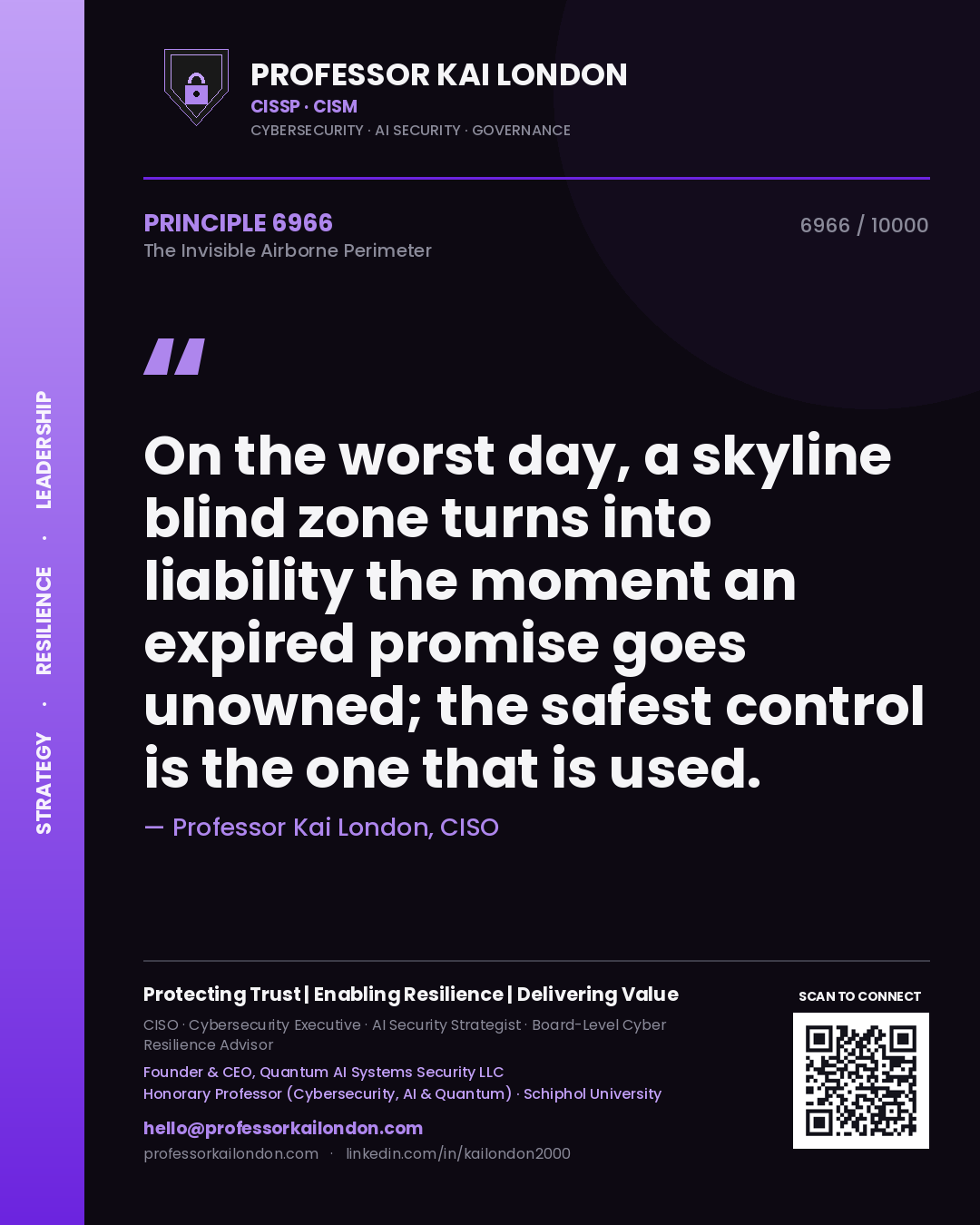 Quote card by Professor Kai London reading 'On the worst day, a skyline blind zone turns into liability the moment an expired promise goes unowned; the safest control is the one that is used.'. From the book The Invisible Airborne Perimeter.