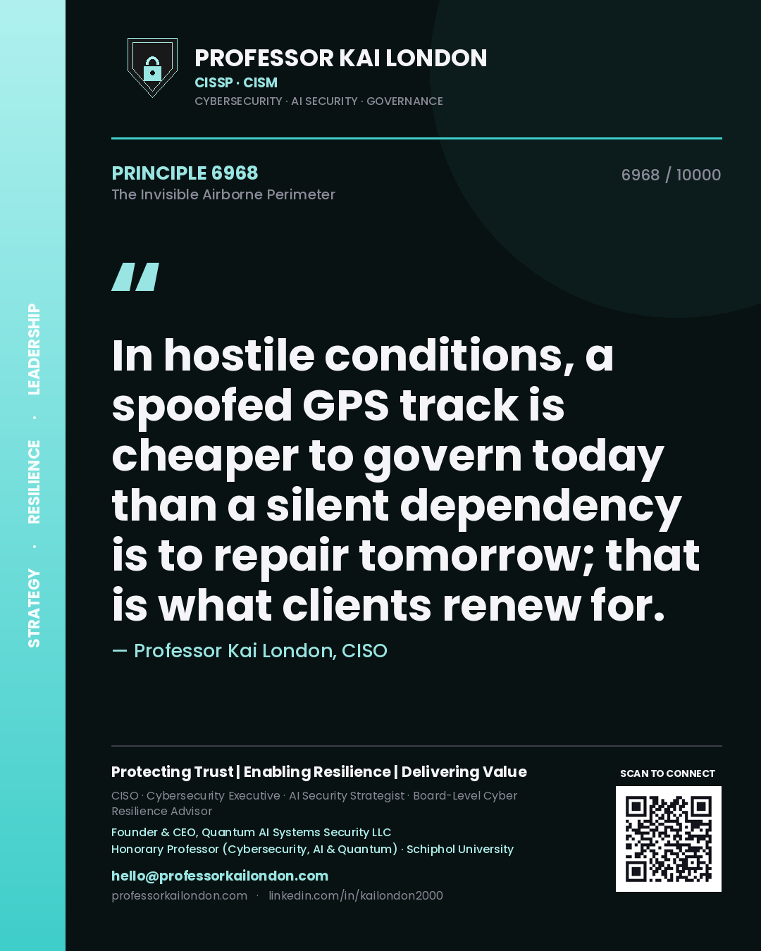 Quote card by Professor Kai London reading 'In hostile conditions, a spoofed GPS track is cheaper to govern today than a silent dependency is to repair tomorrow; that is what clients renew for.'. From the book The Invisible Airborne Perimeter.